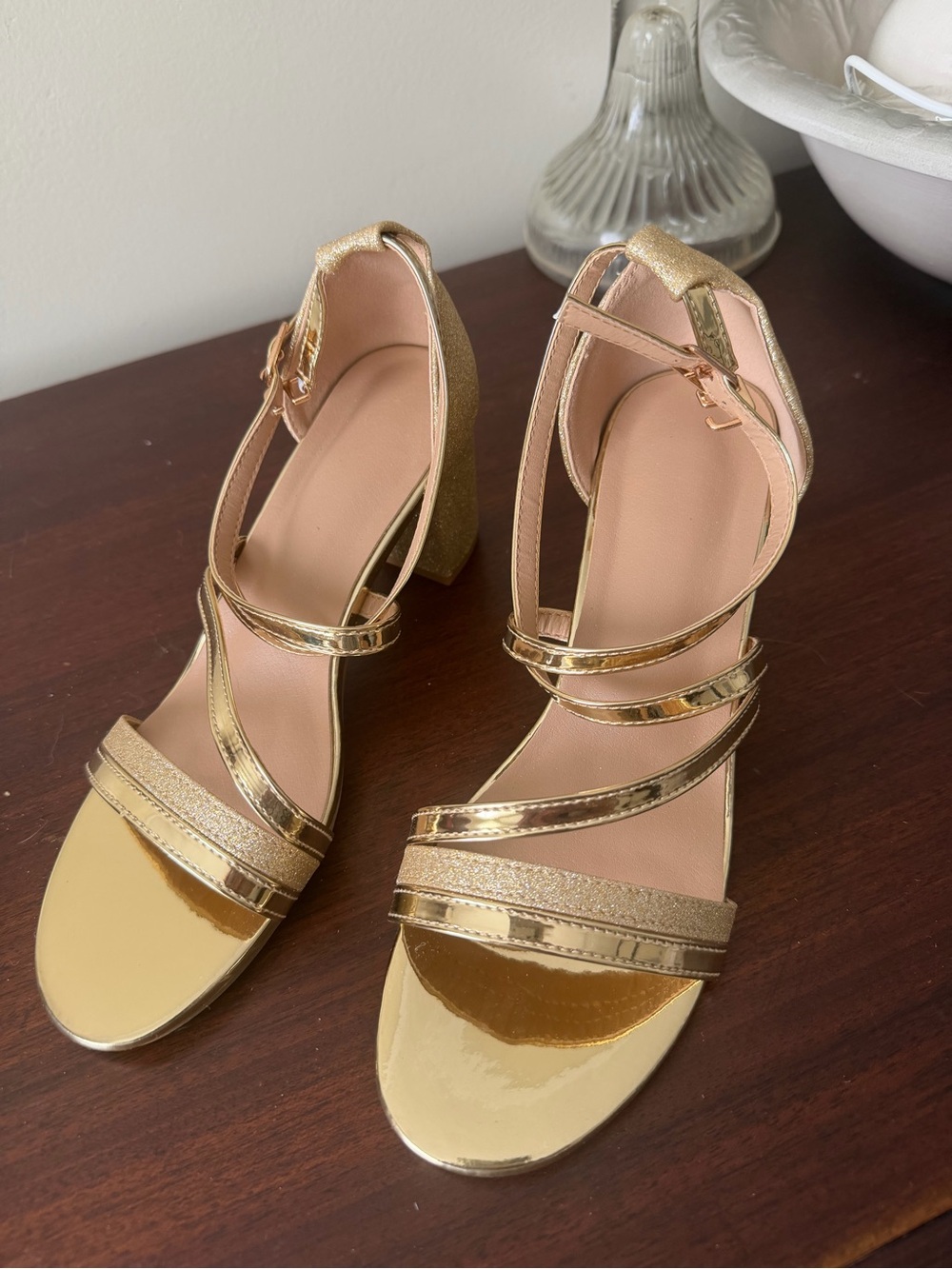 Cuccoo Gold Strappy Block Heel Sandals for Women
